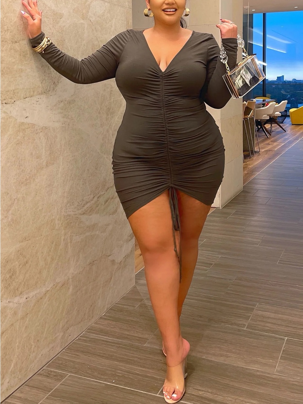 Fashion Nova Hong Kong Ruched Dress Olive Green - Picture 4 of 10